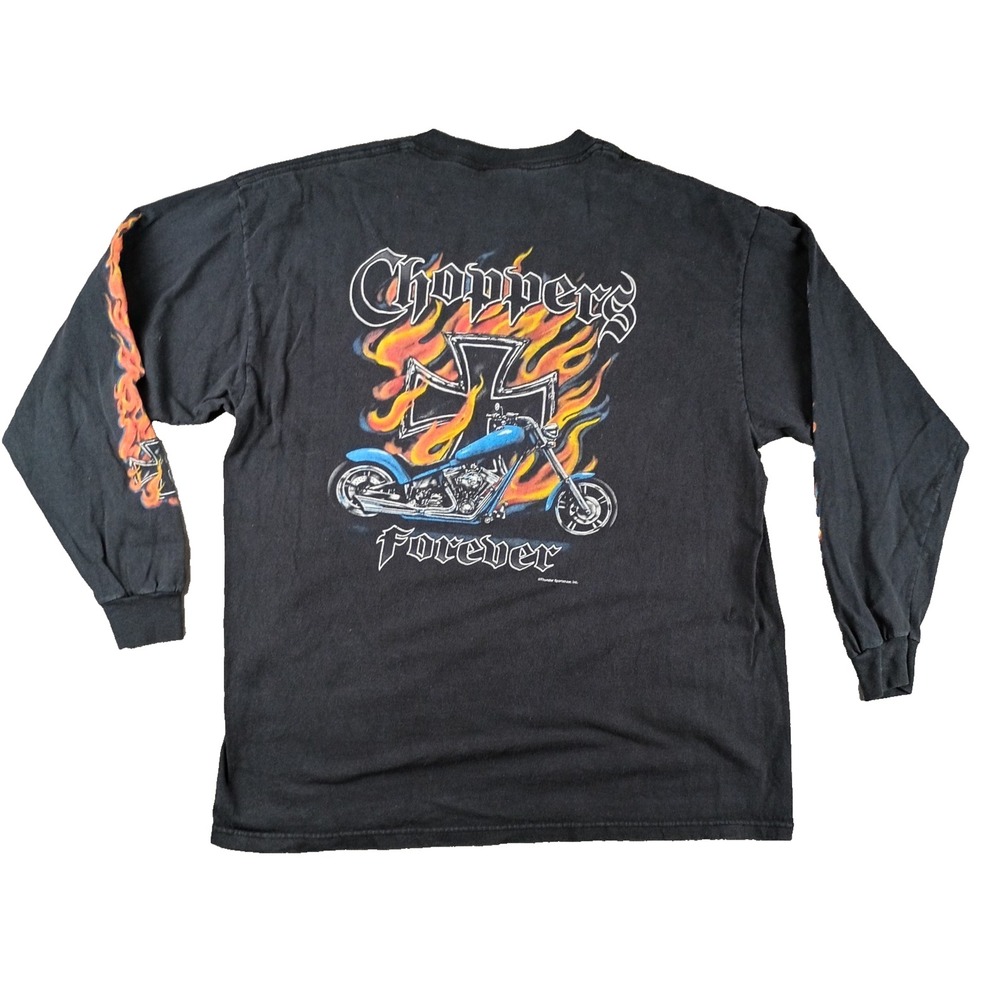 Vtg Y2K Choppers Forever Motorcycle Shirt XL Biker Flames Iron Cross Thunder